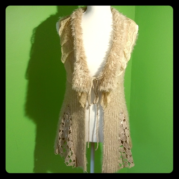 Lady Bug Fashion of New York Sweaters - Lady Bug Fashion Tan Crochet Sweater Vest